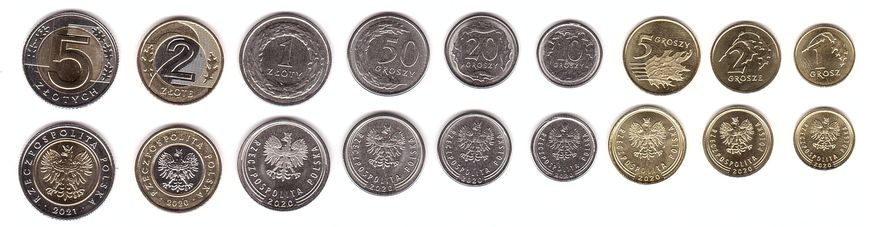 Poland - set 9 coins 1 2 5 10 20 50 Groszy 1 2 5 Zlotych 2020 - 2021 - UNC