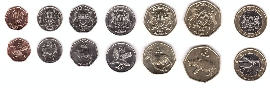 Ботсвана - набір 7 монет - 5 10 25 50 Thebe 1 2 5 Pula 1994 - 2009 - UNC