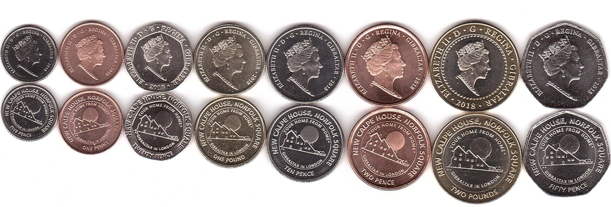 Gibraltar - 5 pcs x set 8 coins 1 2 5 10 20 50 Pence 1 2 Pounds 2018 - UNC