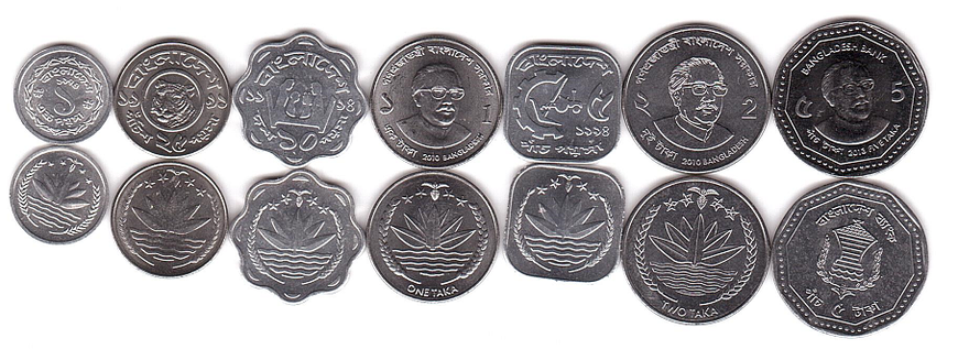 Bangladesh - 5 pcs x set 7 coins 1 5 10 25 Poisha 1 2 5 Taka 1974 - 2013 - UNC