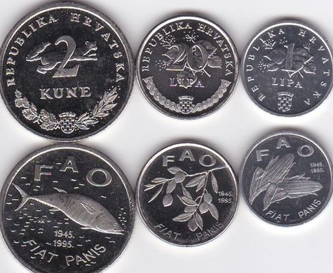 Хорватія - 5 шт. х набір 3 монети - 1 20 Lipa 2 Kuna 1995 - UNC