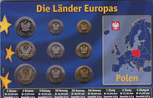 Польша - набор 9 монет 1 2 5 10 20 50 Groszy 1 2 5 Zlotych 2018 - в картонке - UNC