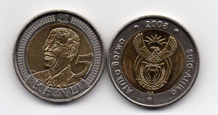 ЮАР - 5 шт х 5 Rand 2008 - 90 Years Нельсон Мандела - Comm. - bimetall - UNC