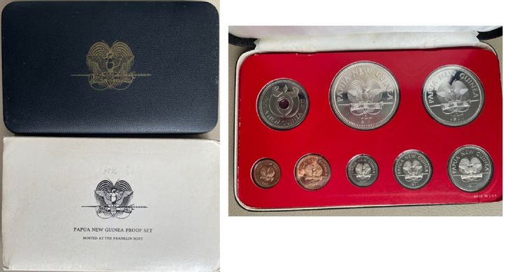 Папуа - Новая Гвинея - Mint набор 8 монет 1 2 5 10 20 Toea + 1 5 10 Kina 1977 - в коробке - 5 10 Kina - серебро - Proof