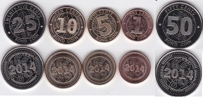Зимбабве - набор 5 монет 1 + 5 + 10 + 25 + 50 Cents Bond Coin 2014 - UNC