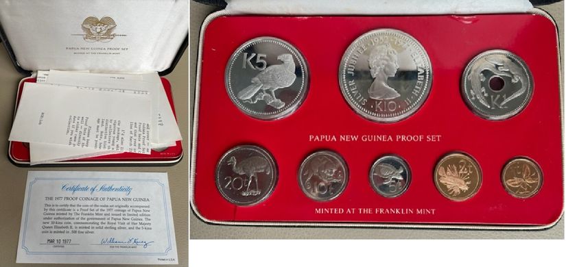Папуа - Новая Гвинея - Mint набор 8 монет 1 2 5 10 20 Toea + 1 5 10 Kina 1977 - в коробке - 5 10 Kina - серебро - Proof