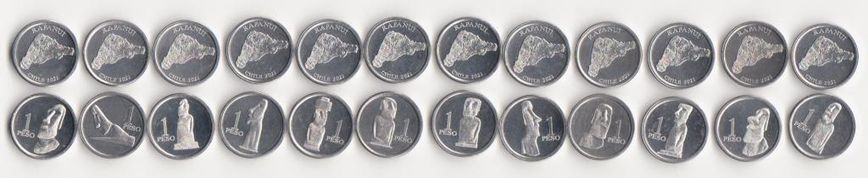 Easter Island - 5 pcs x set 12 coins x 1 Peso 2021 ( 2022 ) - Moai statues - Aluminum  - ( Weight - 0,72 grams, Diameter - 14 mm ) - UNC