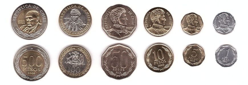 Chile - 5 pcs x set 6 coins - 1 5 10 50 100 500 Pesos 2008 - 2012 - UNC