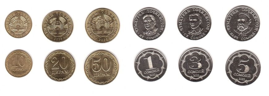 Таджикистан - 5 шт х набор 6 монет 10 20 50 Diram 1 3 5 Somoni 2019 - 2022 - UNC