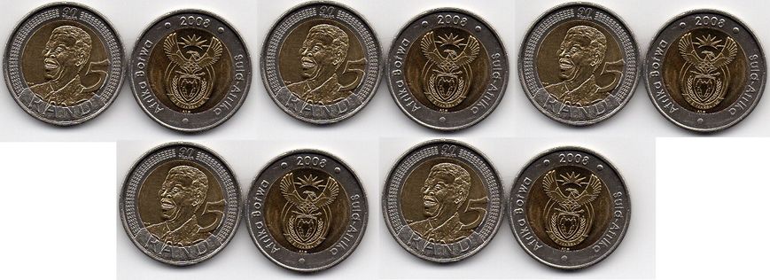 ЮАР - 5 шт х 5 Rand 2008 - 90 Years Нельсон Мандела - Comm. - bimetall - UNC
