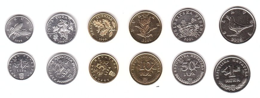 Хорватия - 5 шт х набор 6 монет - 1 2 5 10 50 Lipa 1 Kuna 1993 - 2009 - aUNC / UNC