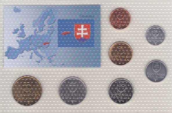 Словакия - набор 7 монет 10 20 50 haller 1 2 5 10 Sk 1993 - 2002 - в блистере - UNC