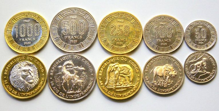 Центральная Африка / Конго - набор 5 монет 50 100 250 500 1000 Francs 2020 - comm. - UNC