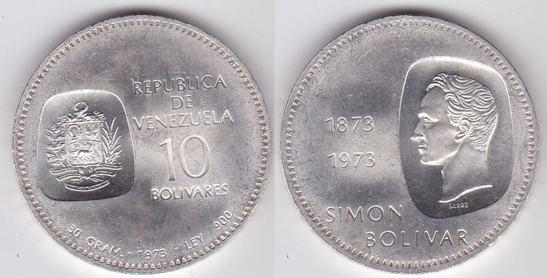 Венесуэла - 10 Bolivares 1973 - 100 лет изображению на монетах бюста Симона Боливара / Simon Bolivar - серебро - XF