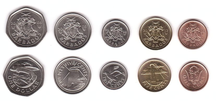 Барбадос - набор 5 монет 1 5 10 25 Cents 1 Dollar 2008 - 2012 - UNC