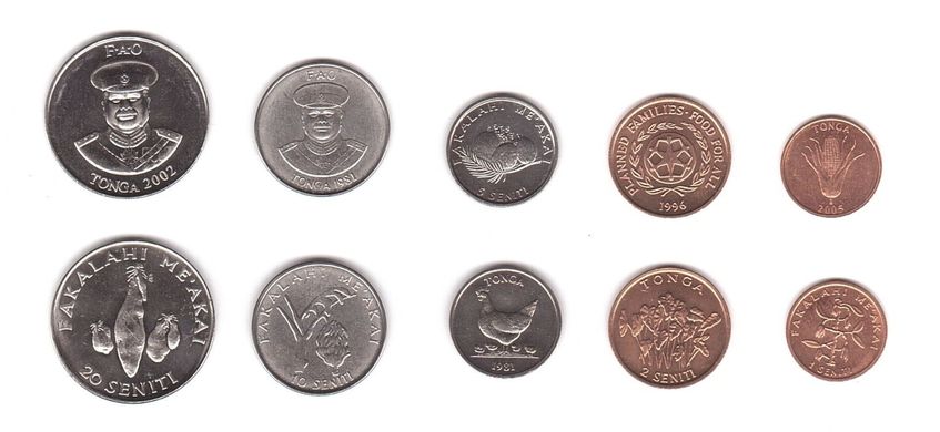 Тонга - 5 шт х набір 5 монет 1 2 5 10 20 Seniti 1981 - 2005 - UNC