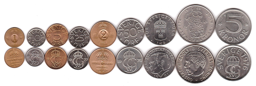 Швеция - набор 9 монет 1 2 5 10 25 50 Ore 1 2 5 Kronor 1968 - 1976 - aUNC