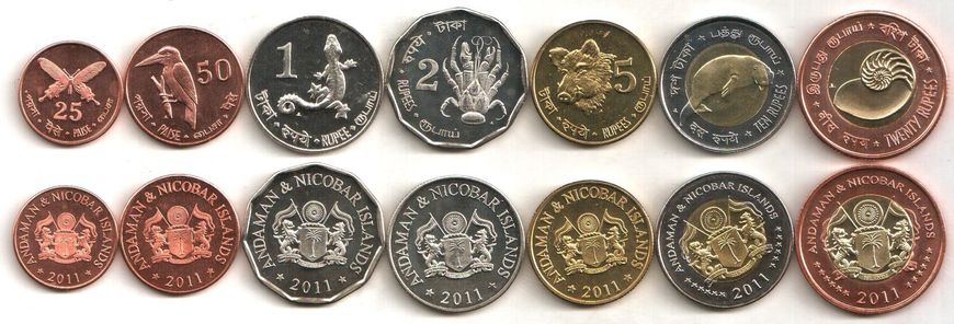 Андаманські острови - набір 7 монет 25 50 Paice 1 2 5 10 20 Rupees 2011 - UNC