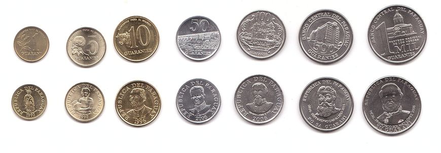 Paraguay - set 7 coins 1 5 10 50 100 500 1000 Guaranies 1992 - 2014 - UNC
