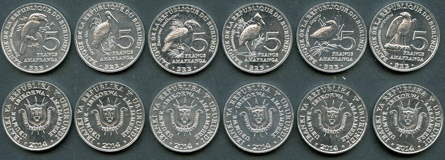 Бурунді - набір 6 монет 5 Francs 2014 - птахи - UNC
