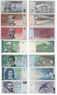 Естонія - набір 7 банкнот 2 5 10 25 50 100 500 Krooni 1994 - 2007 - aUNC / UNC