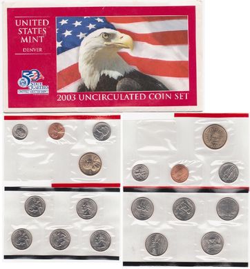 США - набор 9 монет 1 Dime 1 5 Cents + 1/4 1 Dollar 2003 - D - в конверте - UNC
