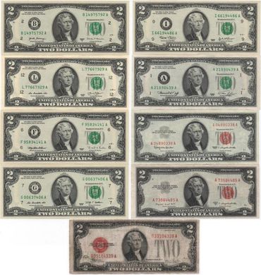 США - набор 9 банкнот x 2 Dollars 1928 - 2017 - VF / UNC