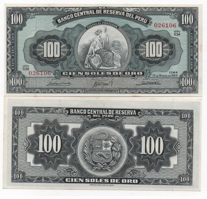 Перу - 100 Soles de Oro 1964 - Pick 86 - aUNC / UNC