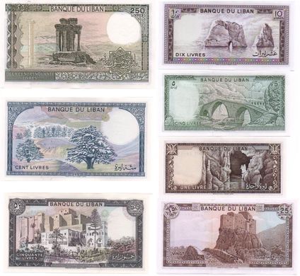 Ливан - набор 7 банкнот 1 5 10 25 50 100 250 Livres 1980 - 1988 - UNC