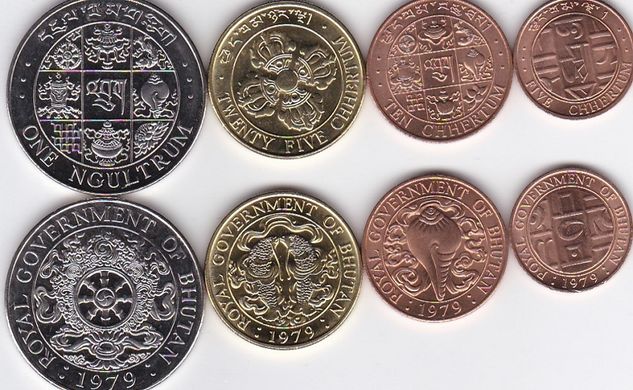 Бутан - 5 шт х набор 4 монеты 5 10 25 Chhertum 1 Ngultrum 1979 - UNC / aUNC