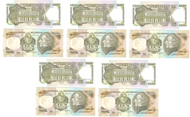 Уругвай - 5 шт х 100 Pesos 1987 - P. 62A - Serie G - UNC