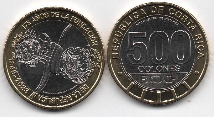 Costa Rica - 5 pcs х 500 Colones 2023 - 175 years of the founding of the Republic - bimetall - UNC