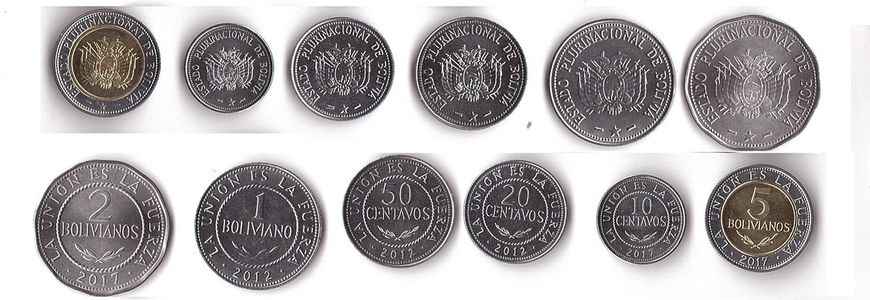 Bolivia - 5 pcs x set 6 coins 10 20 50 Centavos 1 2 5 Bolivanos 2012 - 2017 - UNC