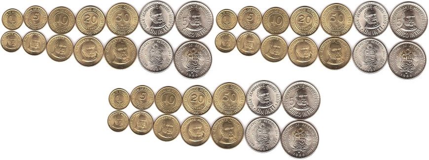 Peru - 3 pcs x set 7 coins 1 5 10 20 50 Centimos 1 5 Intis 1985 - 1988 - aUNC
