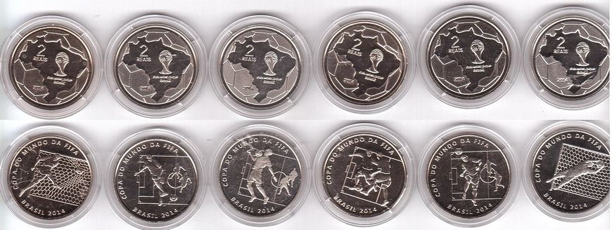 Brazil - set 6 coins х 2 Reals 2014 - FIFA World Cup football - in capsules - UNC