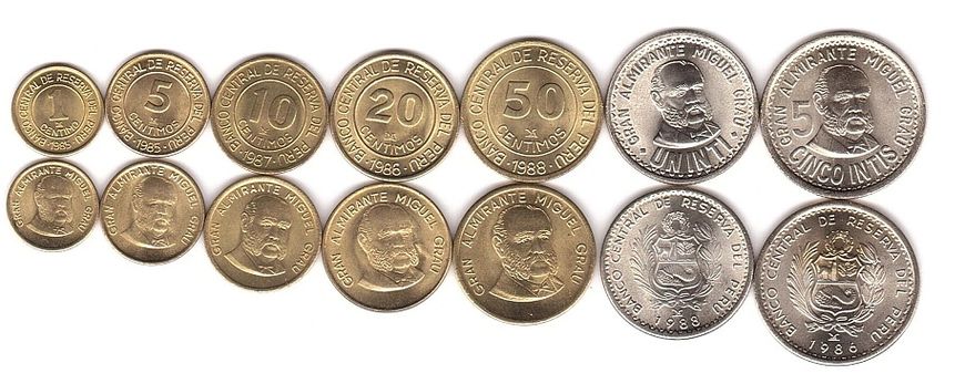 Peru - 3 pcs x set 7 coins 1 5 10 20 50 Centimos 1 5 Intis 1985 - 1988 - aUNC