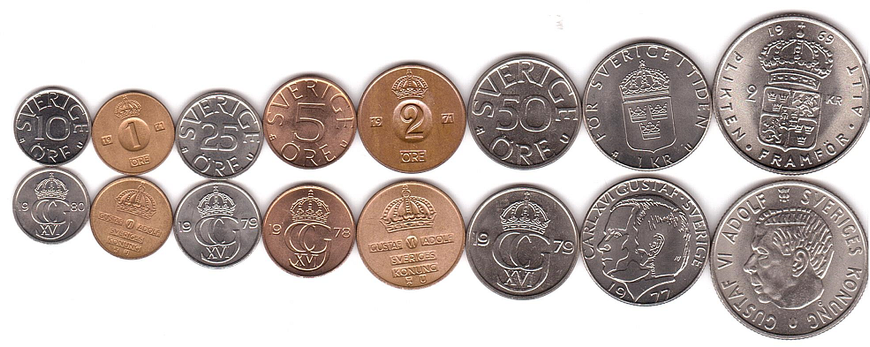 Швеція - набір 8 монет 1 2 5 10 25 50 Ore 1 2 Kronor 1969 - 1980 - UNC