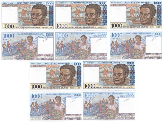 Мадагаскар - 5 шт х 1000 Francs 1998 - Pick 76b - aUNC / XF / pinholes
