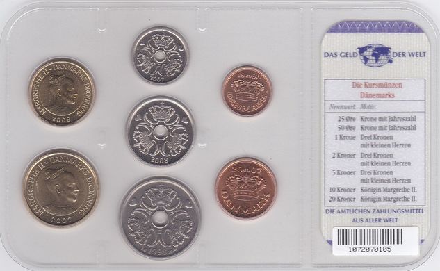 Дания - набор 7 монет 25 50 Ore 1 2 5 10 20 Kroner 1998 - 2008 - в запайке - UNC