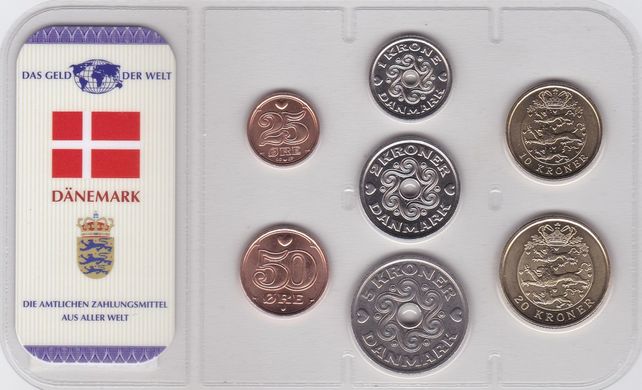 Дания - набор 7 монет 25 50 Ore 1 2 5 10 20 Kroner 1998 - 2008 - в запайке - UNC