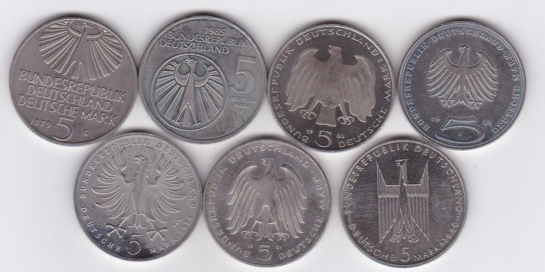 Німеччина - набір 7 монет x 5 Mark 1979 - 1986 - comm. - XF