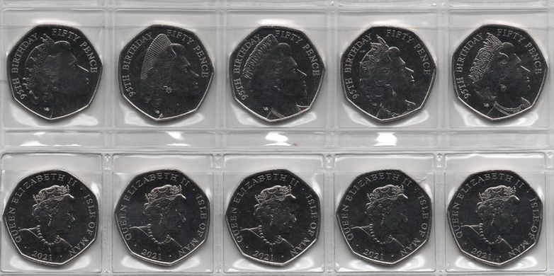 Острів Мен - набір 6 монет x 50 Pence 2021 - 95 років народження Королеви Єлизавети II - UNC