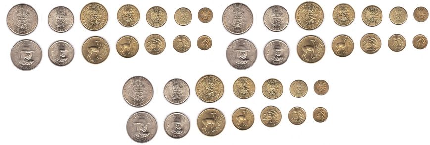 Перу - 3 шт х набір 7 монет 5 10 25 Centavos 1/2 1 5 10 Soles 1973 - 1975 - aUNC / UNC