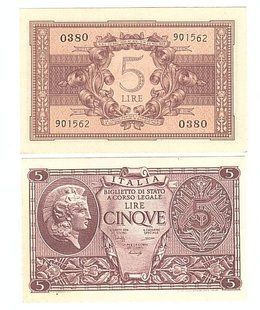 Італія - ​​5 Lire 1944 - Pick 31b - Sign Bolaffi & Simoneschi - aUNC / UNC