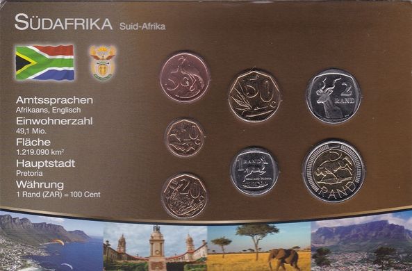 ПАР - набір 7 монет 5 10 20 50 Cents 1 2 5 Rand 2008 - 2010 - у картонці - UNC