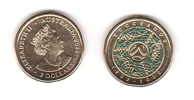 Австралия - 2 Dollars 2022 - 100 лет мужской сборной Австралии по футболу Соккеруз - UNC