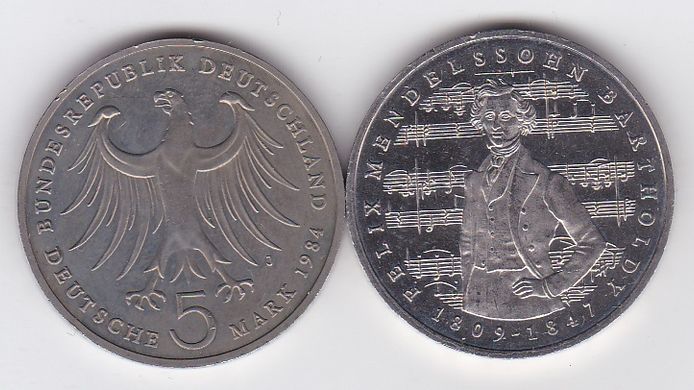 Німеччина - 5 Mark 1984 - 175 years since the birth of Felix Mendelssohn - XF