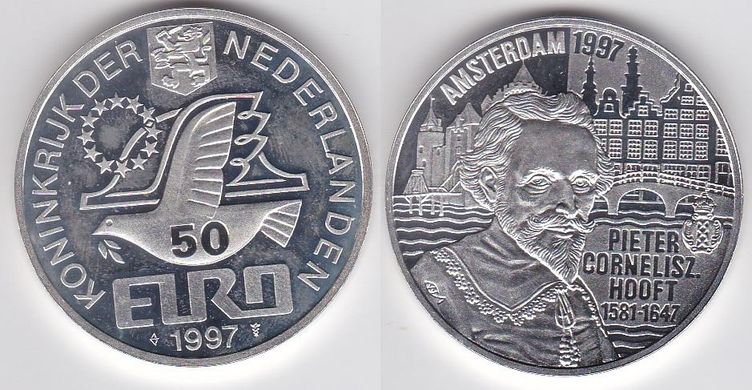Нідерланди - 50 Euro 1997 - 350-та річниця - Смерть П.К. Гофта - comm. срібло - UNC
