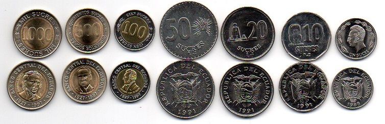 Еквадор - набір 7 монет - 1 10 20 50 100 500 1000 Sucres 1988 - 1997 - aUNC