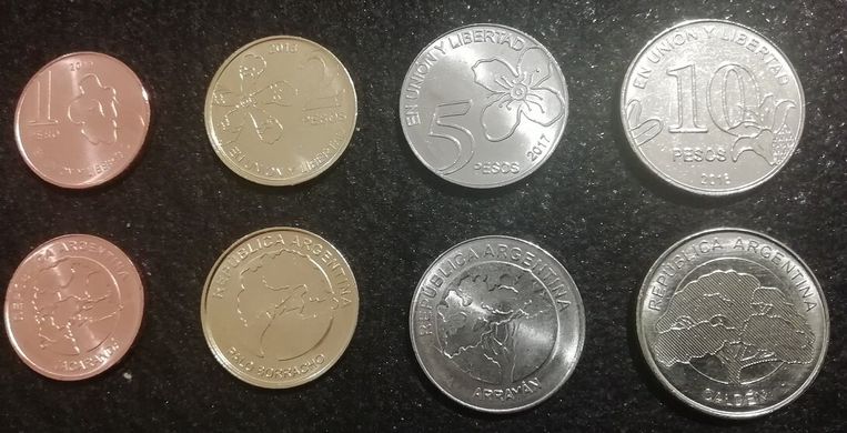 Аргентина - набор 4 монеты 1 2 5 10 Pesos 2017 - 2019 - UNC